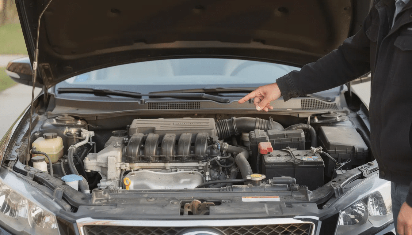 The image shows an open car hood revealing the engine compartment, with a person pointing at various components, likely indicating areas of interest for a comprehensive inspection. This scene emphasizes the importance of checking fluids, such as transmission fluid, and inspecting for potential issues like a blown head gasket when considering a used car.