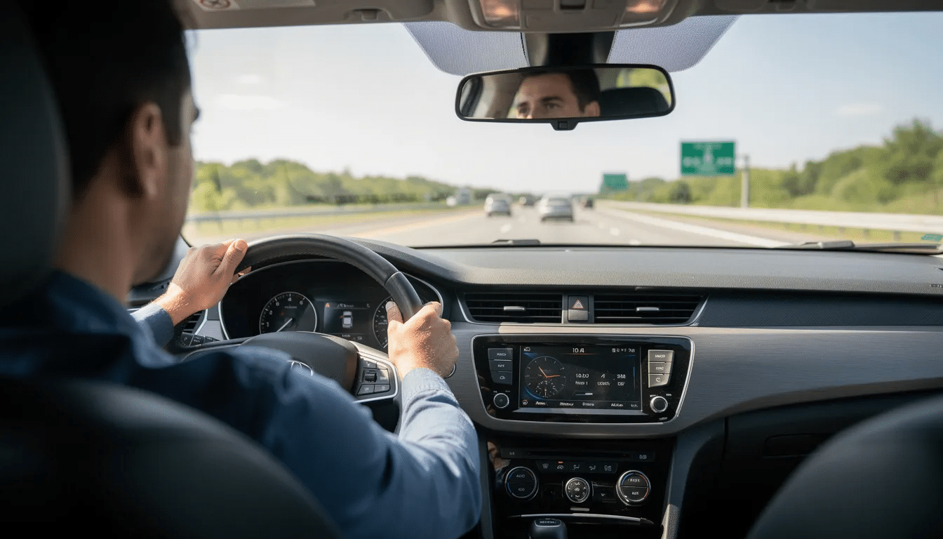 A person is sitting behind the wheel of a car during a daytime test drive on a highway, evaluating the vehicle's performance and comfort. They may be considering a used car, checking features like cruise control and the sound system while being mindful of the vehicle's condition and potential red flags before making a purchase.