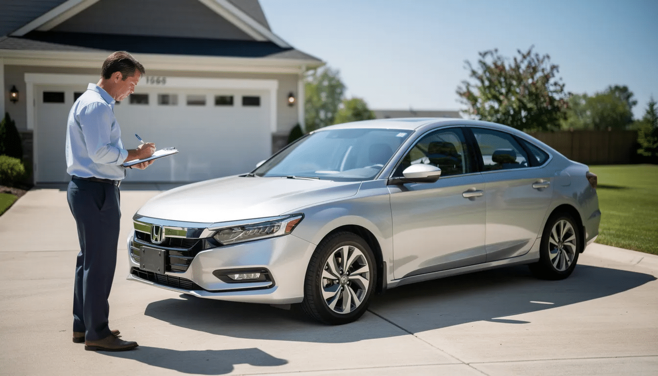 A person stands in a sunny driveway, holding a clipboard while inspecting a silver sedan, checking various aspects of the vehicle's condition as part of a thorough pre-purchase inspection. The scene captures the importance of assessing factors like the engine compartment, brake lights, and overall maintenance history before buying a used car.
