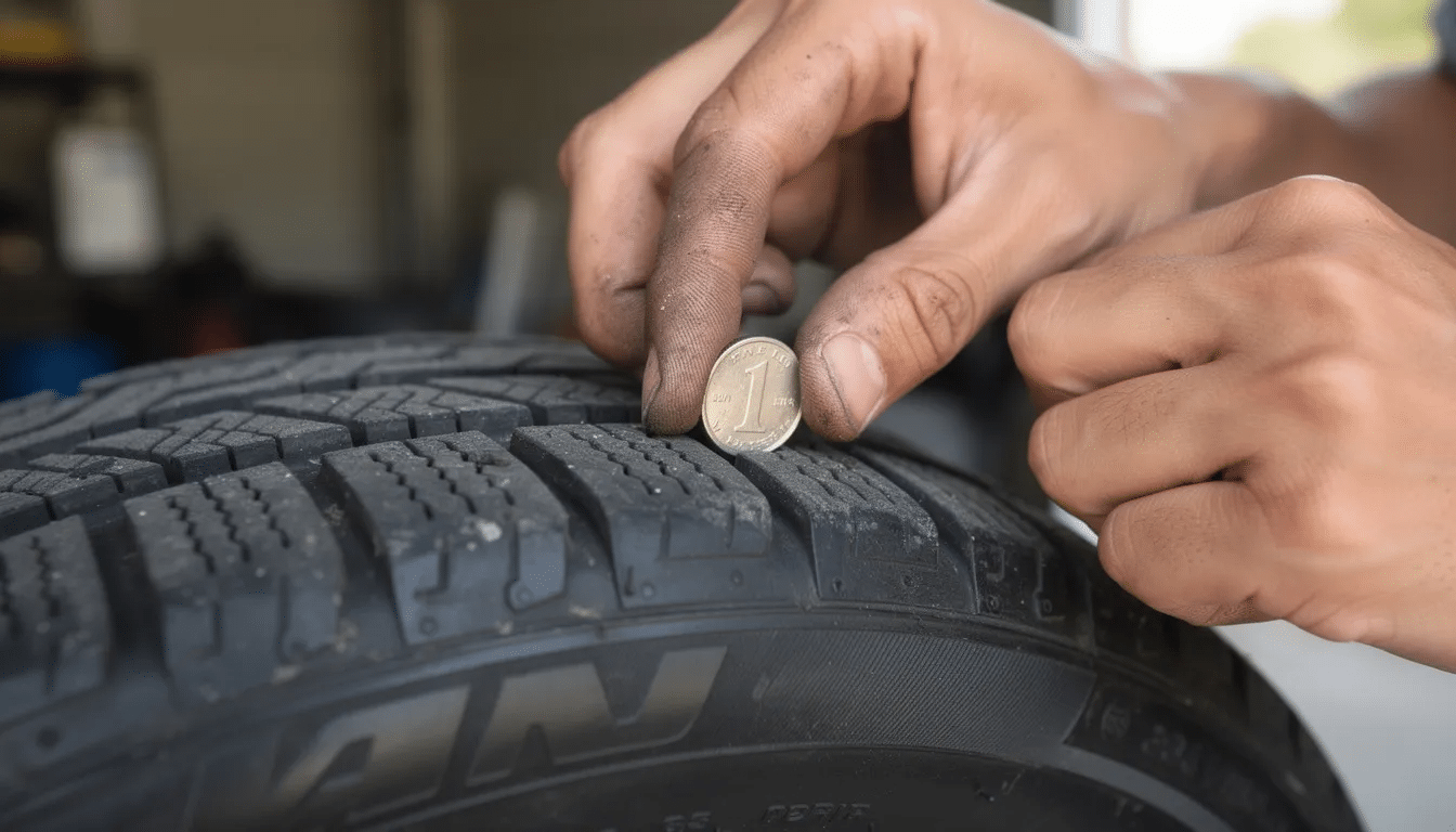 A close-up image shows hands using a coin to measure the tire tread depth, an essential part of a thorough inspection when considering a used car. This method helps assess the vehicle's condition and can reveal potential hidden problems like worn tires that may affect safety and performance.