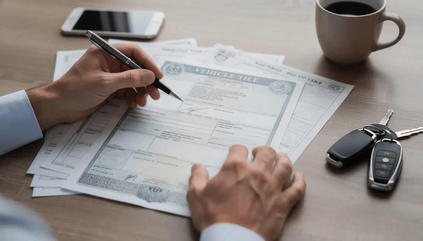 The image shows hands reviewing vehicle title documents and paperwork on a table, indicating a thorough inspection process before purchasing a used car. This paperwork may include details about the vehicle's condition, previous owners, and service records to ensure a comprehensive understanding of the car's history.