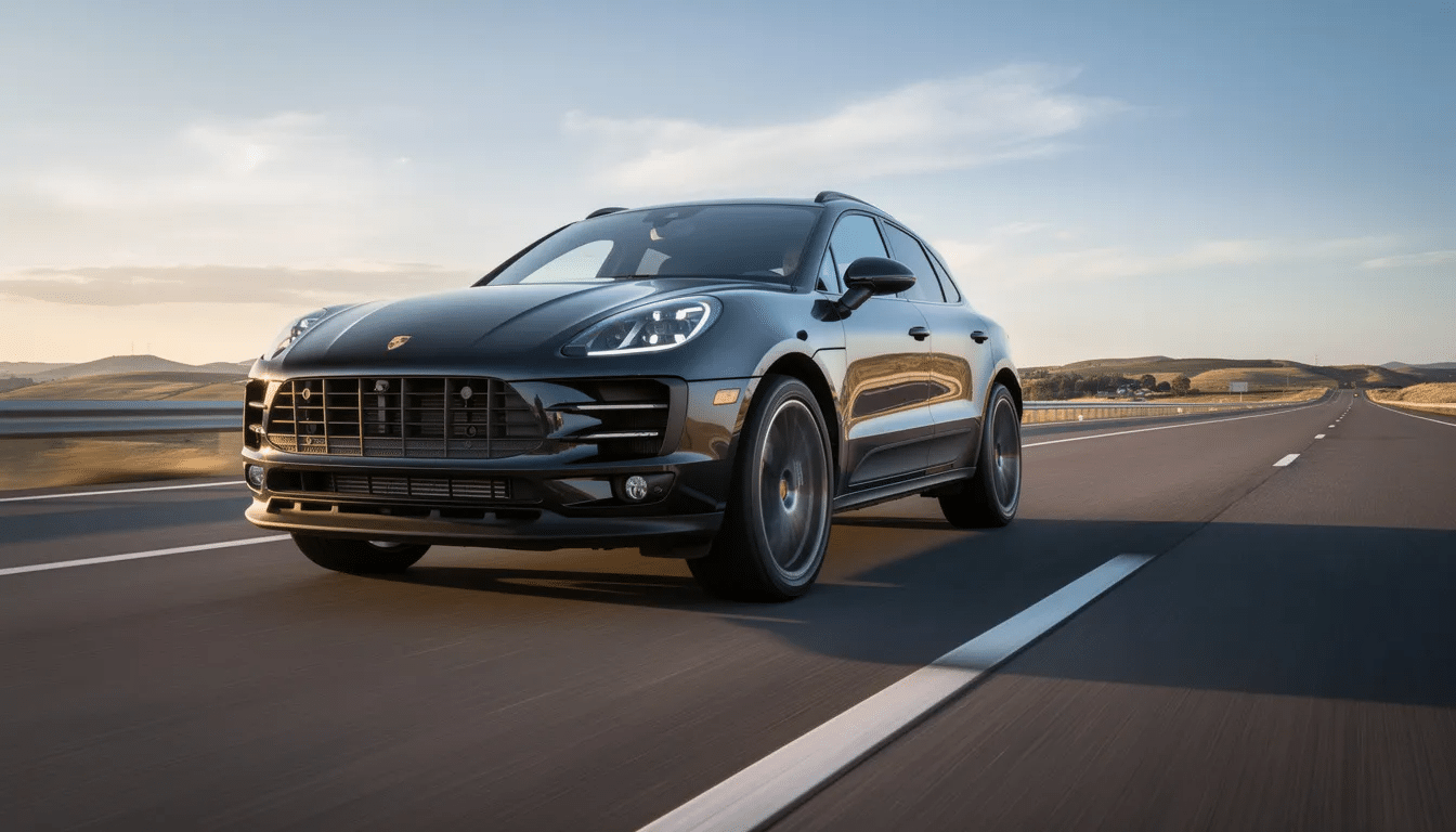 A Porsche Macan S is captured in motion on an open highway, showcasing its dynamic stance and sporty design typical of compact SUVs. The vehicle's sleek lines and powerful presence highlight its turbocharged four-cylinder engine, making it a great choice for those seeking a comfortable ride with good acceleration.