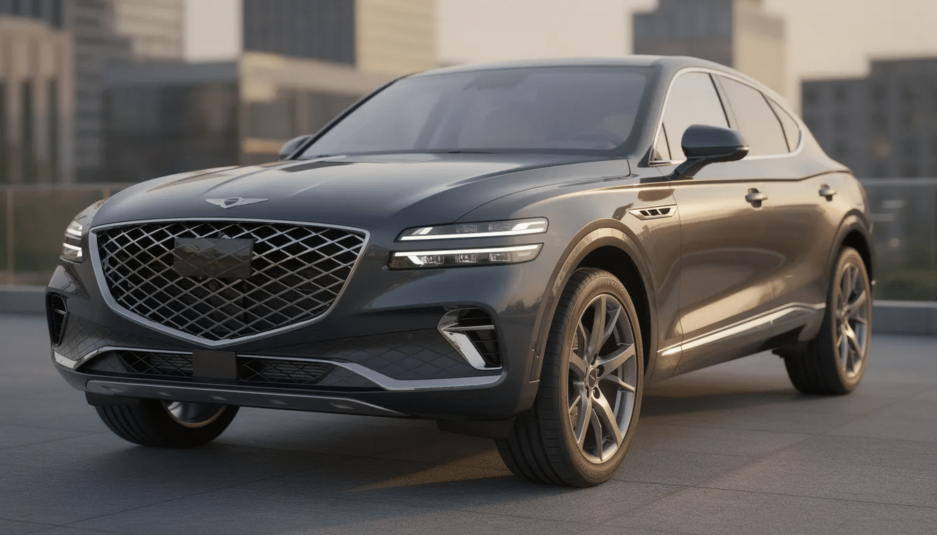 The image features a Genesis GV70 compact SUV displayed at an angle, highlighting its distinctive front grille and athletic, coupe-like profile. This midsize SUV promises a spacious interior, great fuel economy, and advanced features, making it a luxurious choice for those seeking comfort and style in their vehicle.