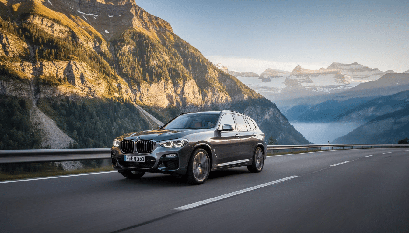 A BMW X3, a compact SUV known for its spacious interior and great fuel economy, drives along a scenic curved mountain road, showcasing its athletic handling and all-wheel drive capability against a picturesque backdrop. The vehicle's luxurious features, including a power moonroof, make it a perfect blend of style and comfort for any adventure.