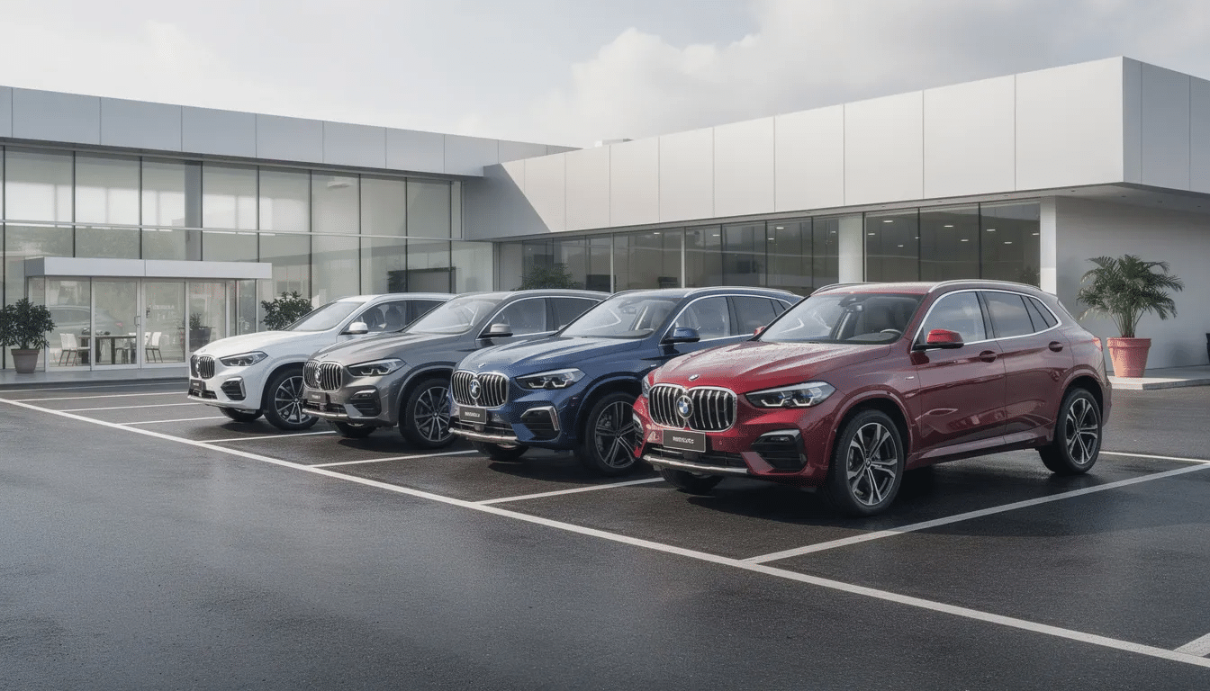 A row of luxurious compact SUVs is parked in a modern dealership lot, showcasing their sleek designs under natural lighting. These vehicles offer spacious interiors, advanced features, and great fuel economy, making them an excellent choice for those seeking comfort and style in a compact SUV.